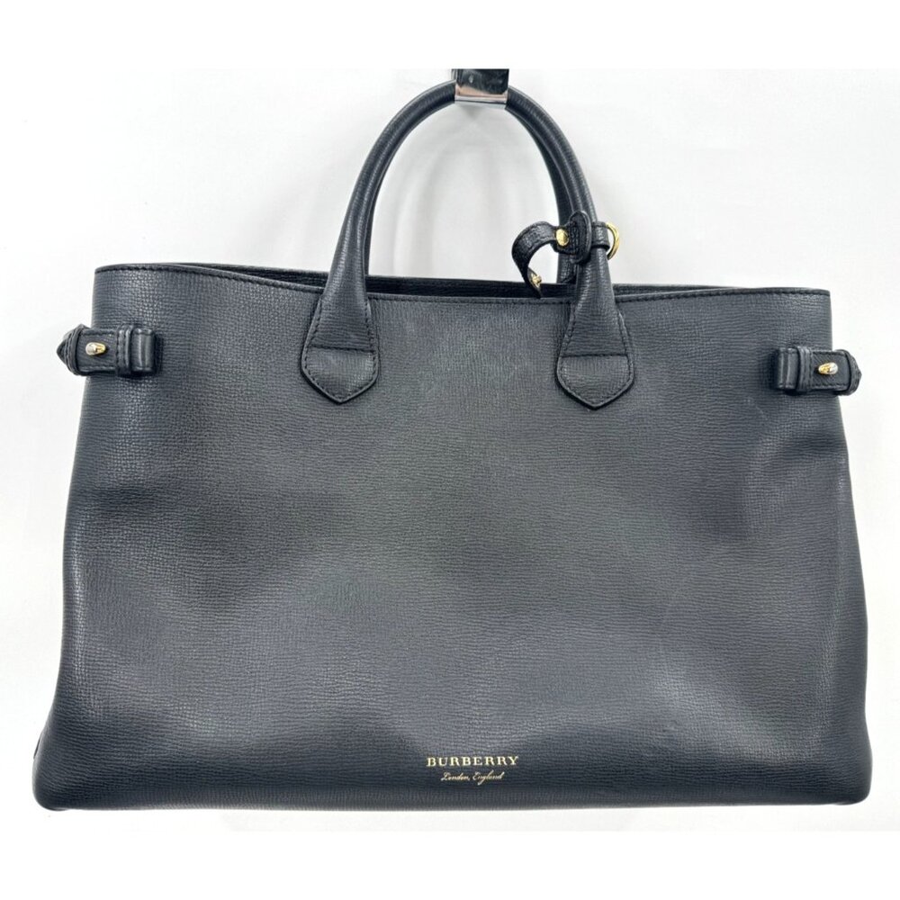 $2,300 BURBERRY Large Black Derby Leather Banner Tote Nova Check Bag Handbag